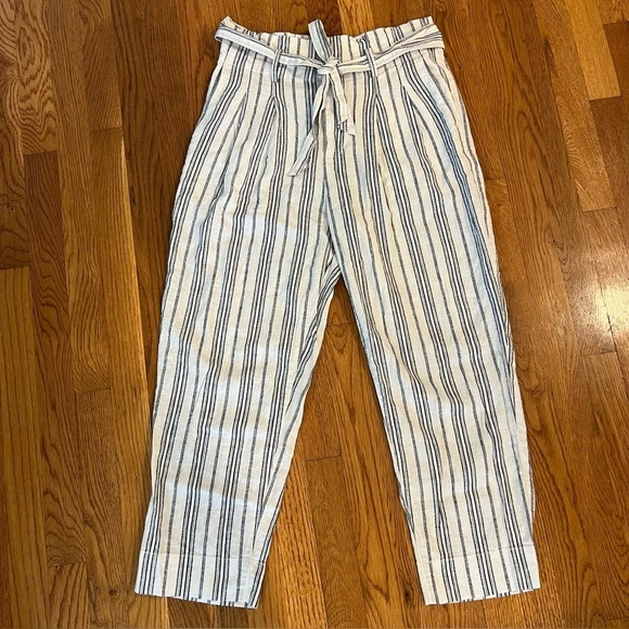 MADEWELL Linen Paperbag Pants White Cotton Dark Baltic Stripe AN839 Size 6 - Picture 6 of 16